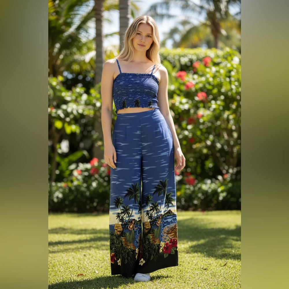 Wide-Leg Hawaiian Print Pants - Blue with matching top